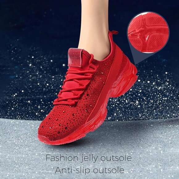 🆕 Red Rhinestone Mesh Slip-On Walking Shoes Fashion Glitter Breathable Sneaker - Picture 6 of 9